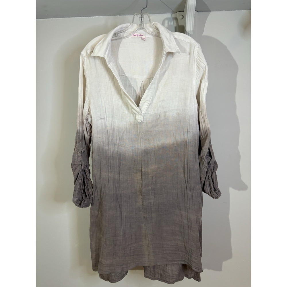 FRESH PRODUCE Cotton Gauze Brown Ombré Shirt Dress M L Roll Tab Sleeves